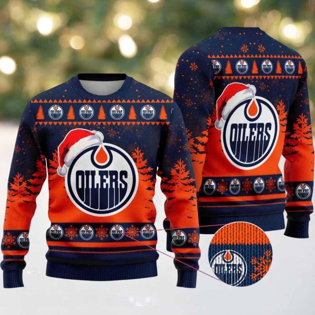 NHL Edmonton Oilers Personalized Name Christmas Design Ugly Sweater ST2301, hoodie, sweater, long sleeve and tank top NHL Edmonton Oilers Personalized Ugly Christmas Sweater front view