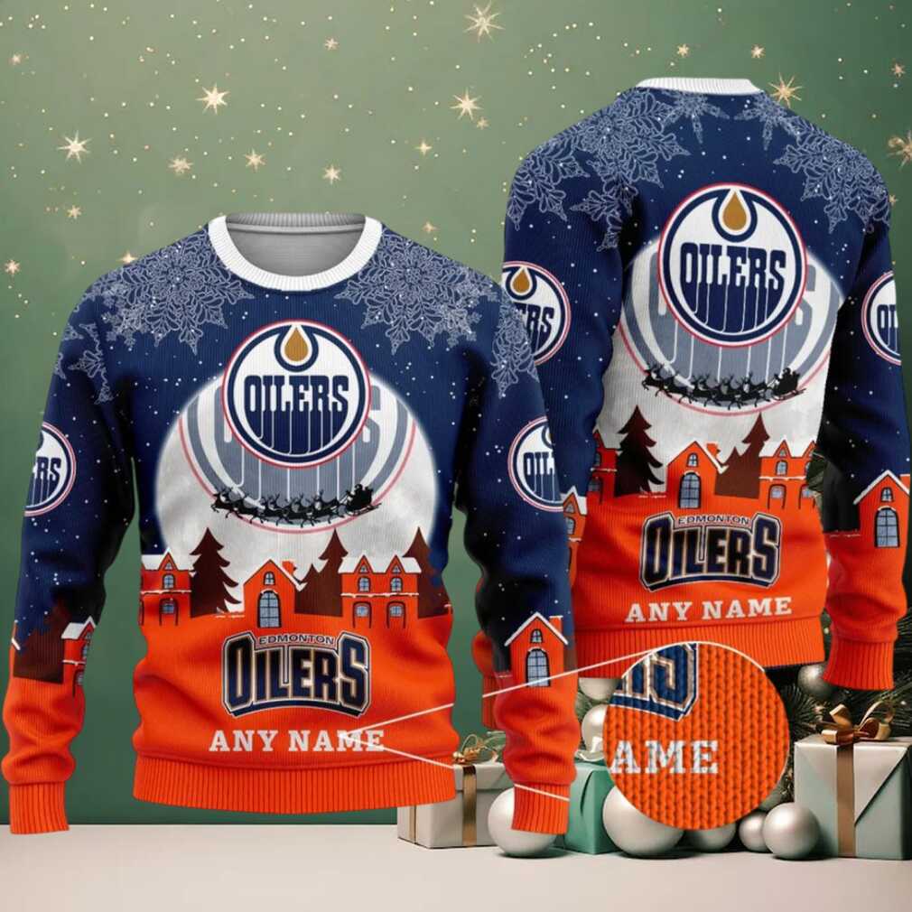 NHL Edmonton Oilers Personalized Name Christmas Ugly Sweater Design ST2306, hoodie, sweater, long sleeve and tank top NHL Edmonton Oilers Personalized Name Christmas Ugly Sweater fan wearing