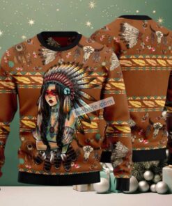 Native American Girl Ugly Christmas Sweater Yellow Mens Native American Girl Ugly Christmas Sweater Yellow Mens