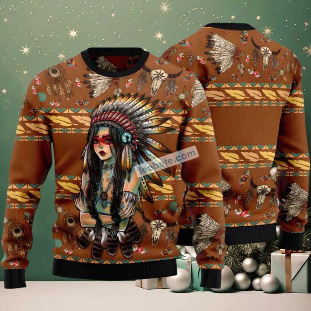 Native American Girl Ugly Christmas Sweater Yellow Mens Native American Girl Ugly Christmas Sweater Yellow Mens