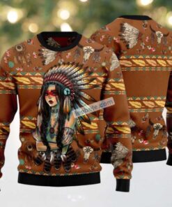 Native American Girl Ugly Christmas Sweater Yellow Mens