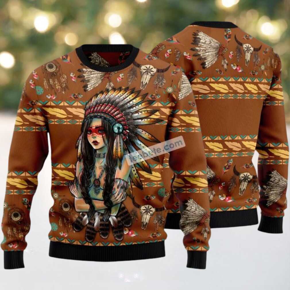 Native American Girl Ugly Christmas Sweater Yellow Mens Native American Girl Ugly Christmas Sweater Yellow Mens