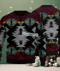 Native American Pattern Ugly Christmas Sweater Black Red Womens Native American Pattern Ugly Christmas Sweater Black Red Womens