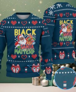 Navy Blue Black Santa Matters with Red Heart & Gift Box Knit Pattern – Vintage Ugly Christmas Sweater