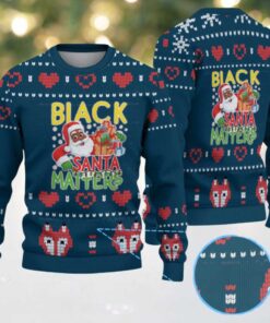 Navy Blue Black Santa Matters with Red Heart & Gift Box Knit Pattern – Vintage Ugly Christmas Sweater