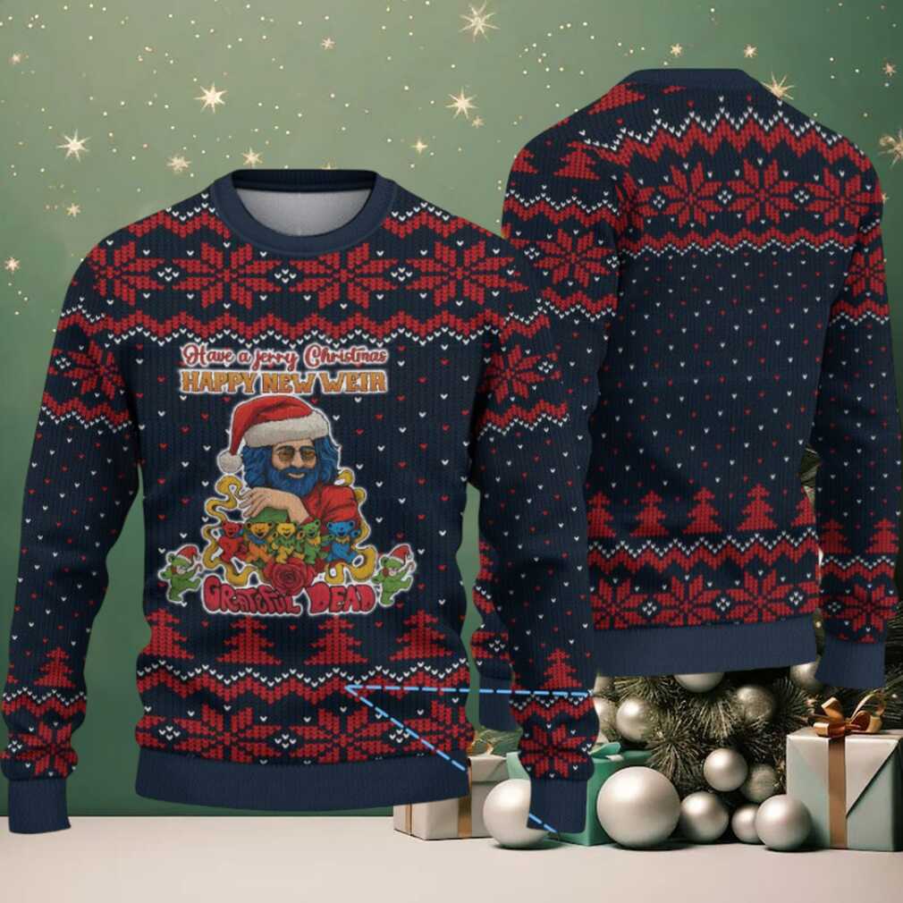 Navy Blue Grateful Dead Jerry Christmas Santa with Red Snowflake and Tree Pattern Vintage Ugly Christmas Sweater Navy Blue Grateful Dead Jerry Christmas Santa with Red Snowflake and Tree Pattern Vintage Ugly Christmas Sweater