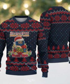Navy Blue Grateful Dead Jerry Christmas Santa with Red Snowflake and Tree Pattern Vintage Ugly Christmas Sweater