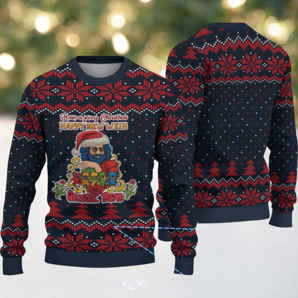 Navy Blue Grateful Dead Jerry Christmas Santa with Red Snowflake and Tree Pattern Vintage Ugly Christmas Sweater Navy Blue Grateful Dead Jerry Christmas Santa with Red Snowflake and Tree Pattern Vintage Ugly Christmas Sweater
