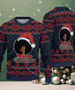 Navy Blue Merry Christmas Black Woman Santa with Red Snowflake Knit Pattern – Vintage Ugly Christmas Sweater