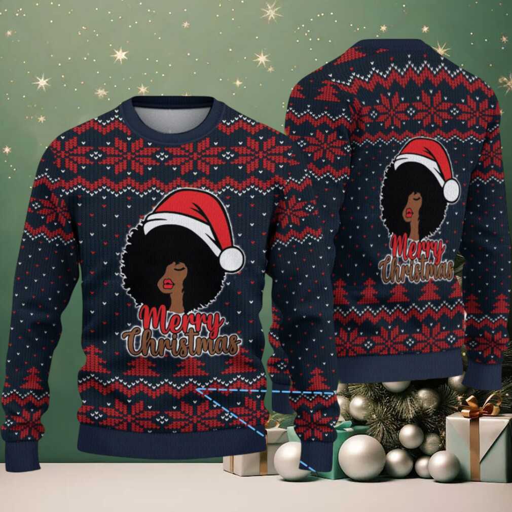 Navy Blue Merry Christmas Black Woman Santa with Red Snowflake Knit Pattern – Vintage Ugly Christmas Sweater Navy Blue Merry Christmas Black Woman Santa with Red Snowflake Knit Pattern – Vintage Ugly Christmas Sweater