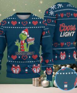Navy Blue & Red Heart Pattern “Grinch with Santa Hat Coors Light” Ugly Christmas Sweater – Coors Light Edition