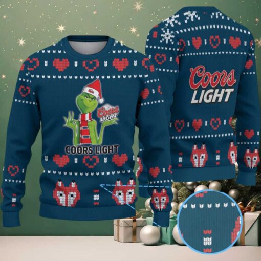 Navy Blue & Red Heart Pattern “Grinch with Santa Hat Coors Light” Ugly Christmas Sweater – Coors Light Edition