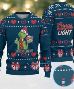 Navy Blue & Red Heart Pattern “Grinch with Santa Hat Coors Light” Ugly Christmas Sweater – Coors Light Edition