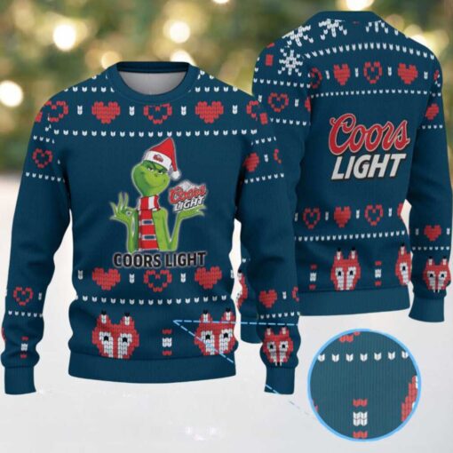 Navy Blue & Red Heart Pattern “Grinch with Santa Hat Coors Light” Ugly Christmas Sweater – Coors Light Edition