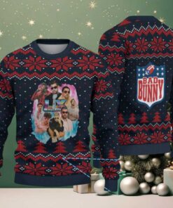 Navy Blue & Red Nordic Pattern “Bad Bunny Superache Collage” Ugly Christmas Sweater