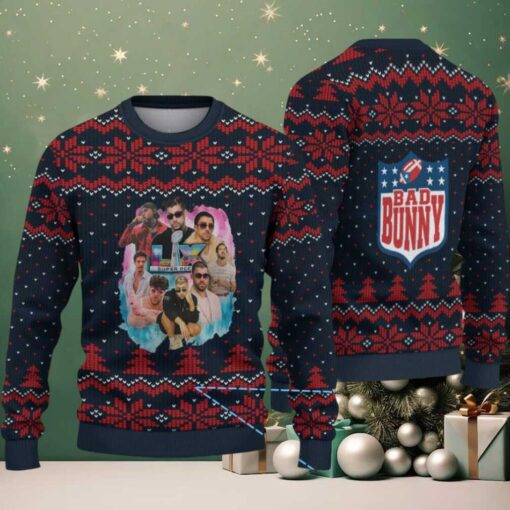 Navy Blue & Red Nordic Pattern “Bad Bunny Superache Collage” Ugly Christmas Sweater