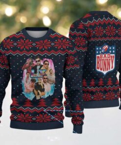 Navy Blue & Red Nordic Pattern “Bad Bunny Superache Collage” Ugly Christmas Sweater