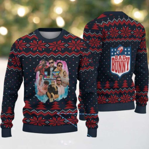 Navy Blue & Red Nordic Pattern “Bad Bunny Superache Collage” Ugly Christmas Sweater