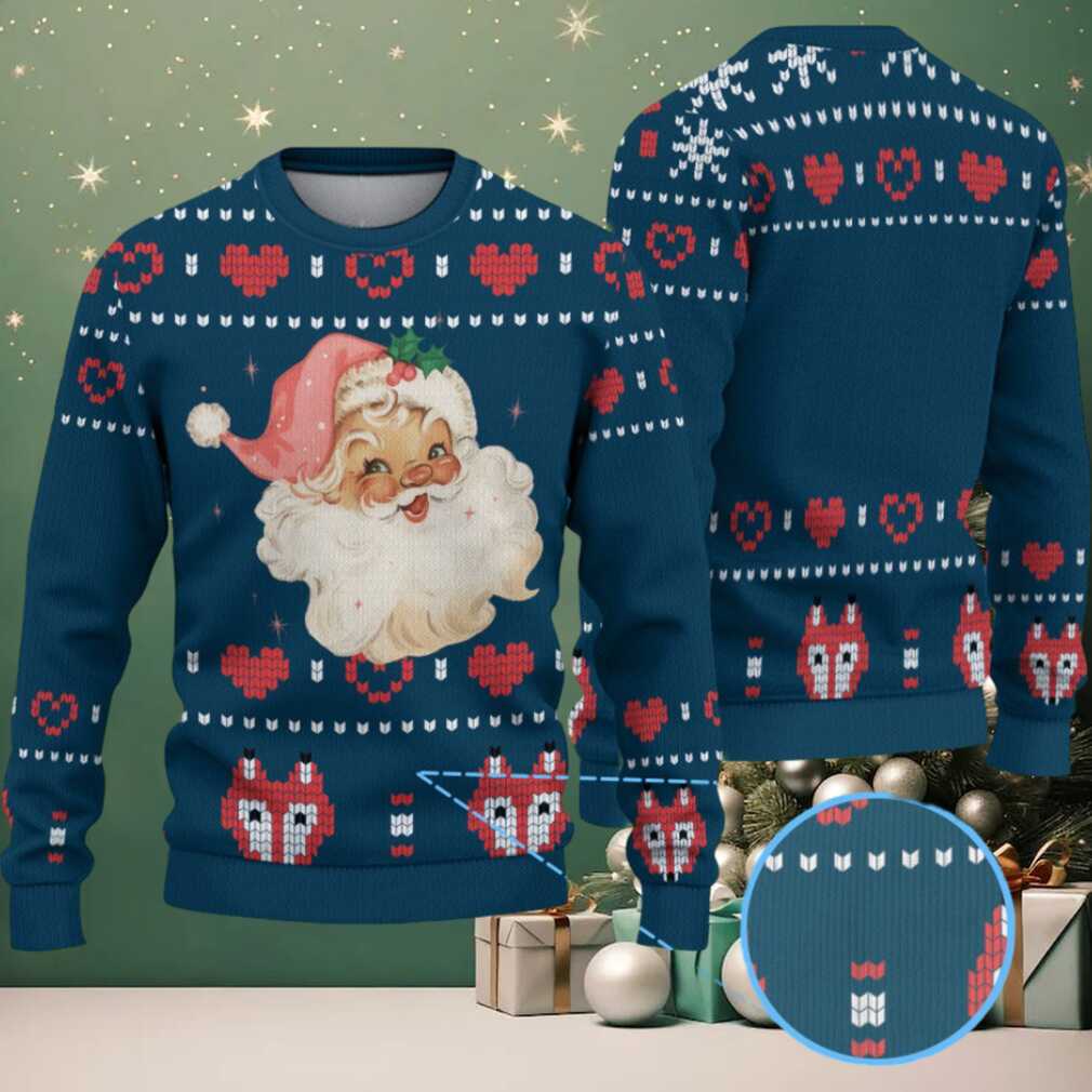 Navy Blue & Red Santa Claus Face with Gift Box Hearts Pattern – Vintage Ugly Christmas Sweater - Front View