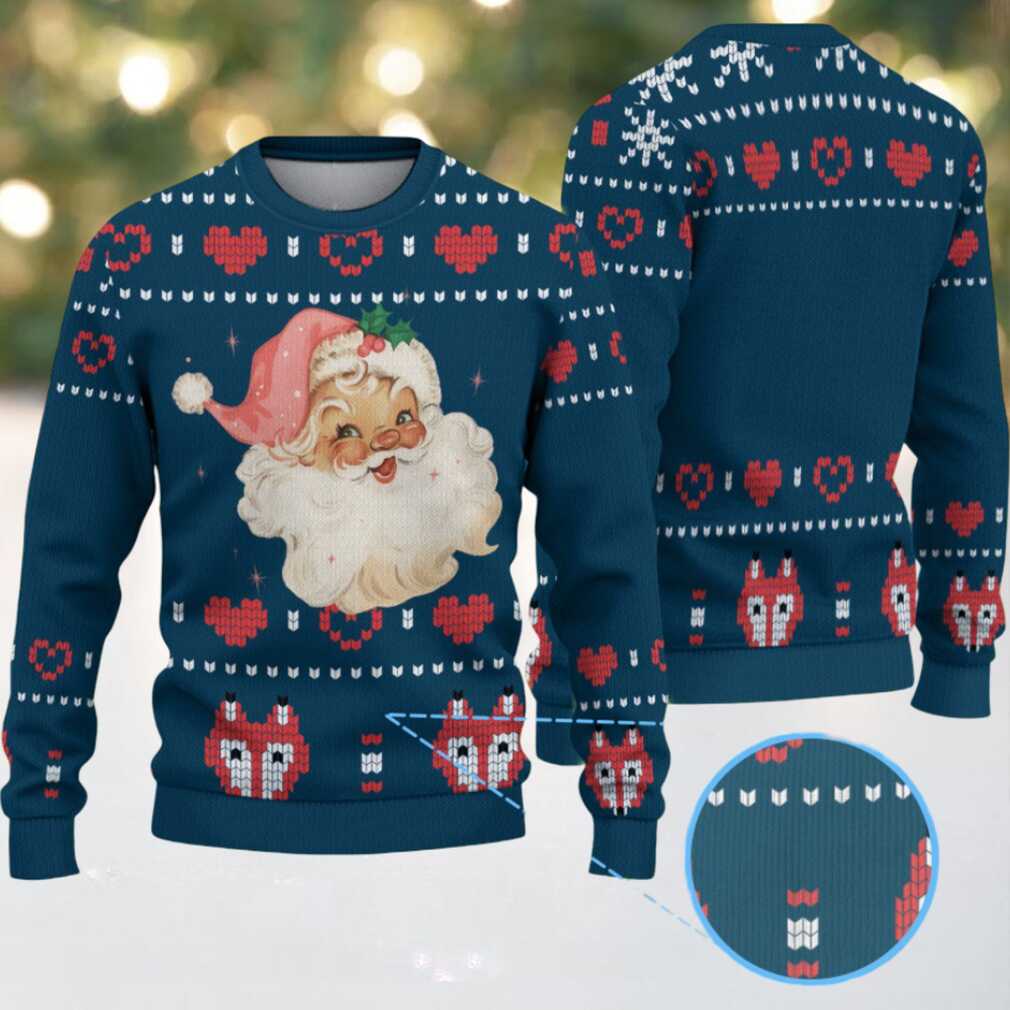 Navy Blue & Red Santa Claus Face with Gift Box Hearts Pattern – Vintage Ugly Christmas Sweater - Detail