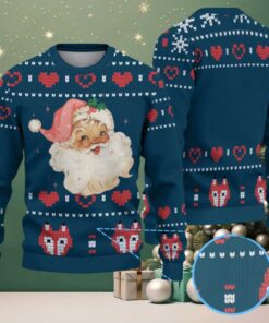 Navy Blue & Red Santa Claus Face with Gift Box Hearts Pattern – Vintage Ugly Christmas Sweater Navy Blue & Red Santa Claus Face with Gift Box Hearts Pattern – Vintage Ugly Christmas Sweater