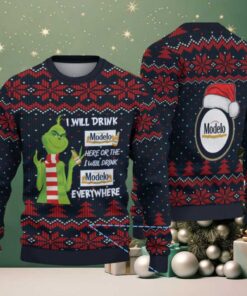 Navy Blue & Red Snowflake Pattern “Grinch Drinking Modelo Beer Everywhere” Ugly Christmas Sweater