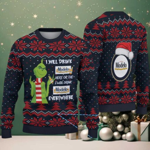 Navy Blue & Red Snowflake Pattern “Grinch Drinking Modelo Beer Everywhere” Ugly Christmas Sweater