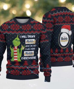 Navy Blue & Red Snowflake Pattern “Grinch Drinking Modelo Beer Everywhere” Ugly Christmas Sweater