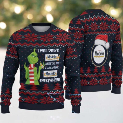 Navy Blue & Red Snowflake Pattern “Grinch Drinking Modelo Beer Everywhere” Ugly Christmas Sweater