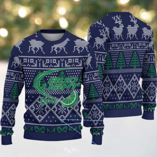 Navy Blue Reindeer & Christmas Tree Pattern Bud Light Lime Ugly Christmas Sweater