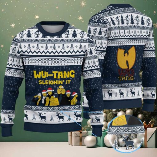 Navy Blue Reindeer Pattern “Wu Tang Sleighin’ It Christmas Edition” Ugly Christmas Sweater
