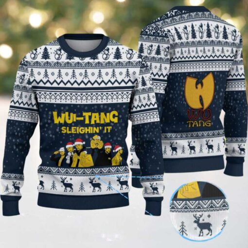 Navy Blue Reindeer Pattern “Wu Tang Sleighin’ It Christmas Edition” Ugly Christmas Sweater