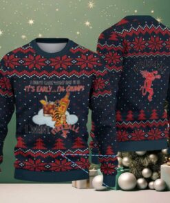 Navy Blue Snowflake Pattern “Grumpy Tiger & Fireball Cinnamon Whisky Bottle” Ugly Christmas Sweater