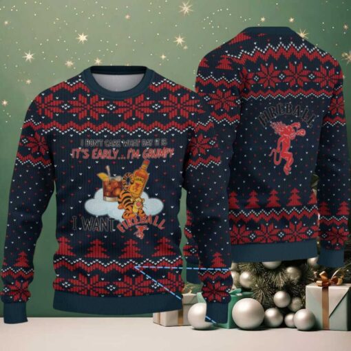 Navy Blue Snowflake Pattern “Grumpy Tiger & Fireball Cinnamon Whisky Bottle” Ugly Christmas Sweater