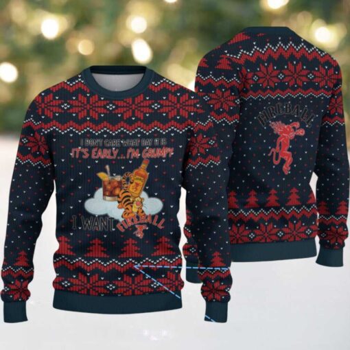 Navy Blue Snowflake Pattern “Grumpy Tiger & Fireball Cinnamon Whisky Bottle” Ugly Christmas Sweater