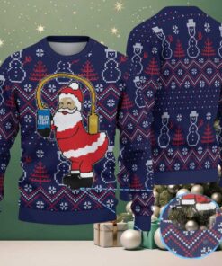 Navy Blue Snowman & Tree Pattern Santa Bud Light Ugly Christmas Sweater