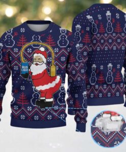 Navy Blue Snowman & Tree Pattern Santa Bud Light Ugly Christmas Sweater
