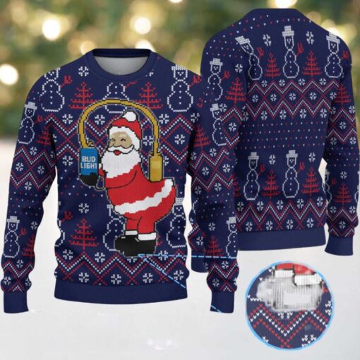 Navy Blue Snowman & Tree Pattern Santa Bud Light Ugly Christmas Sweater