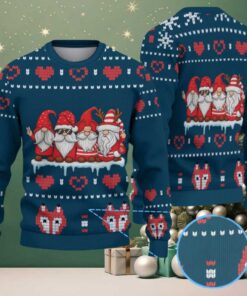 Navy Blue Three Christmas Gnomes with Red Heart and Gift Pattern Vintage Ugly Christmas Sweater