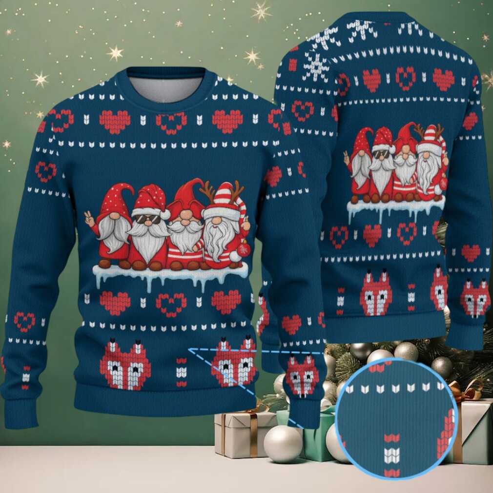 Navy Blue Three Christmas Gnomes with Red Heart and Gift Pattern Vintage Ugly Christmas Sweater Navy Blue Three Christmas Gnomes with Red Heart and Gift Pattern Vintage Ugly Christmas Sweater