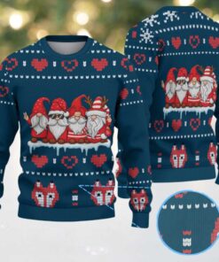 Navy Blue Three Christmas Gnomes with Red Heart and Gift Pattern Vintage Ugly Christmas Sweater