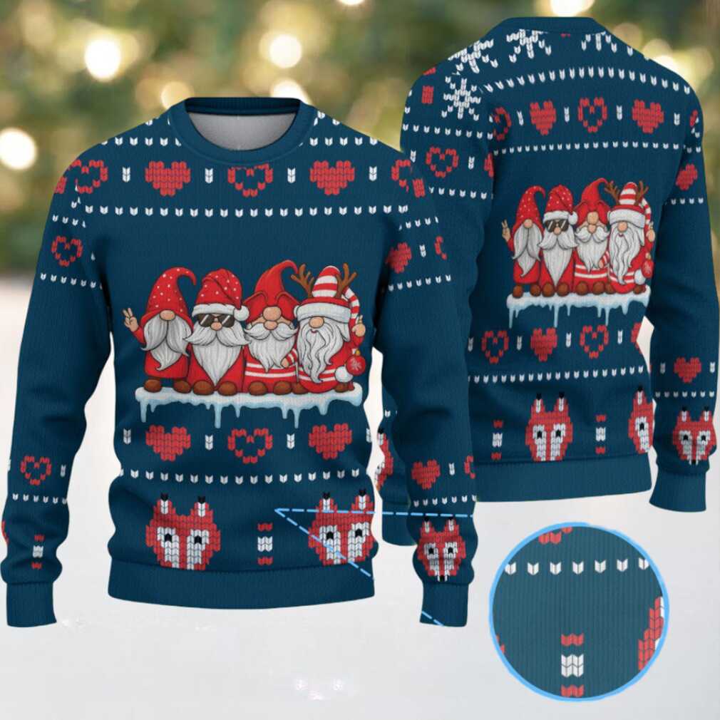 Navy Blue Three Christmas Gnomes with Red Heart and Gift Pattern Vintage Ugly Christmas Sweater Navy Blue Three Christmas Gnomes with Red Heart and Gift Pattern Vintage Ugly Christmas Sweater