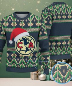 Navy Blue Ugly Christmas Sweater with Green Geometric Pattern Featuring Chivas Club América Logo