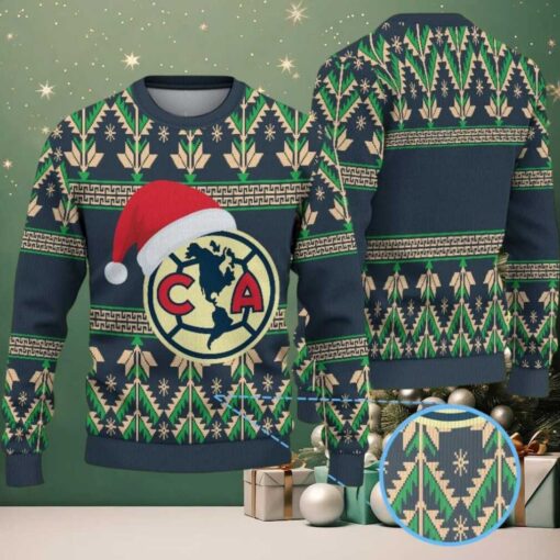 Navy Blue Ugly Christmas Sweater with Green Geometric Pattern Featuring Chivas Club América Logo