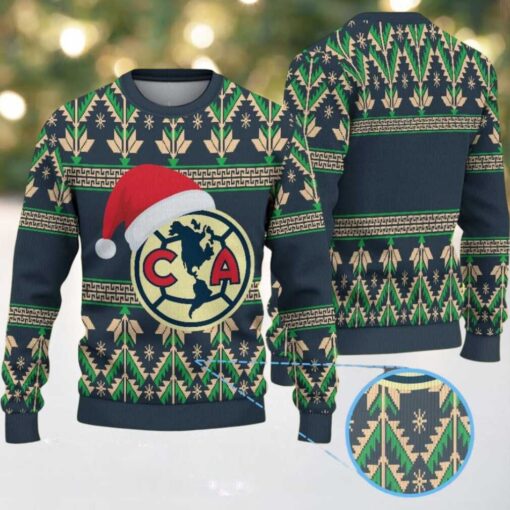 Navy Blue Ugly Christmas Sweater with Green Geometric Pattern Featuring Chivas Club América Logo