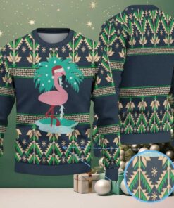 Navy Blue Ugly Christmas Sweater with Green Geometric Pattern Featuring Pink Flamingo