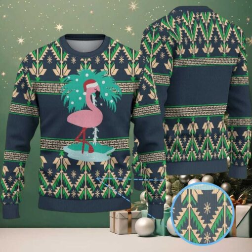 Navy Blue Ugly Christmas Sweater with Green Geometric Pattern Featuring Pink Flamingo
