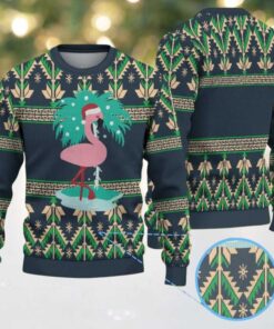 Navy Blue Ugly Christmas Sweater with Green Geometric Pattern Featuring Pink Flamingo