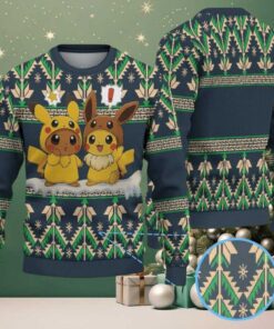 Navy Blue Ugly Christmas Sweater with Green and Beige Geometric Patterns Featuring Pokémon Pikachu and Eevee Duo