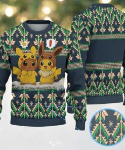 Navy Blue Ugly Christmas Sweater with Green and Beige Geometric Patterns Featuring Pokémon Pikachu and Eevee Duo